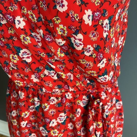 Harper Hertage red floral crepe split neckline wrap bodice ruffle skirt halter - Picture 8 of 9